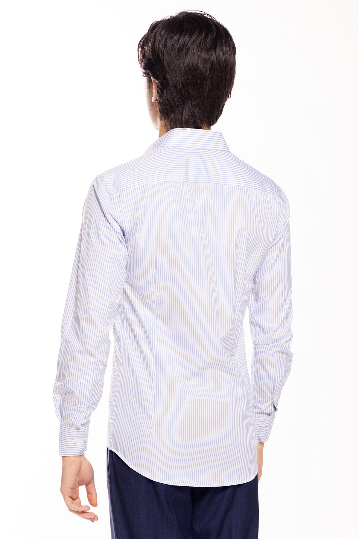 Camicia Uomo slim Fit riga celeste stretta 100% cotone collo semi francese mileta Tessuti