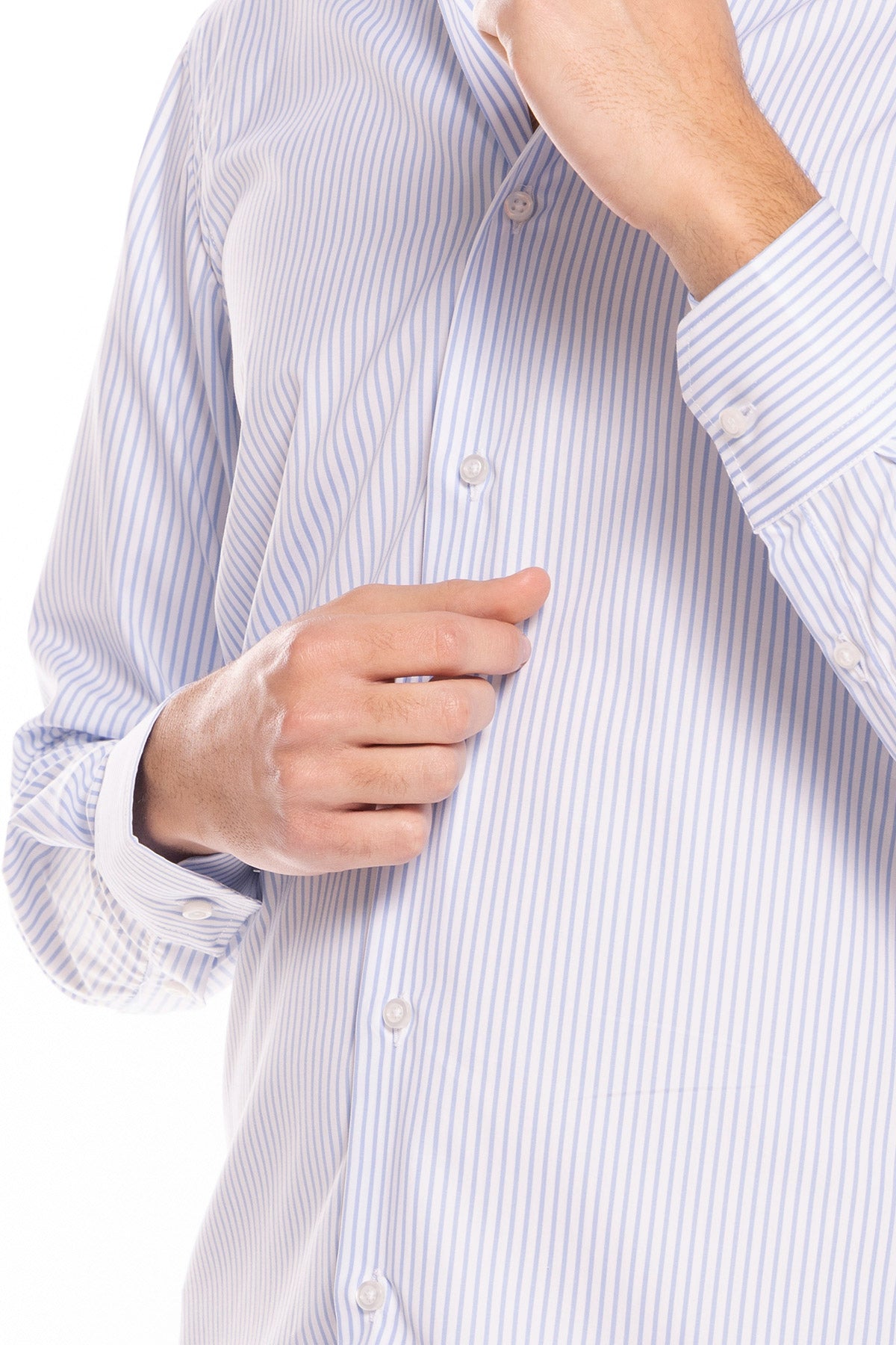 Camicia Uomo slim Fit riga celeste stretta 100% cotone collo semi francese mileta Tessuti