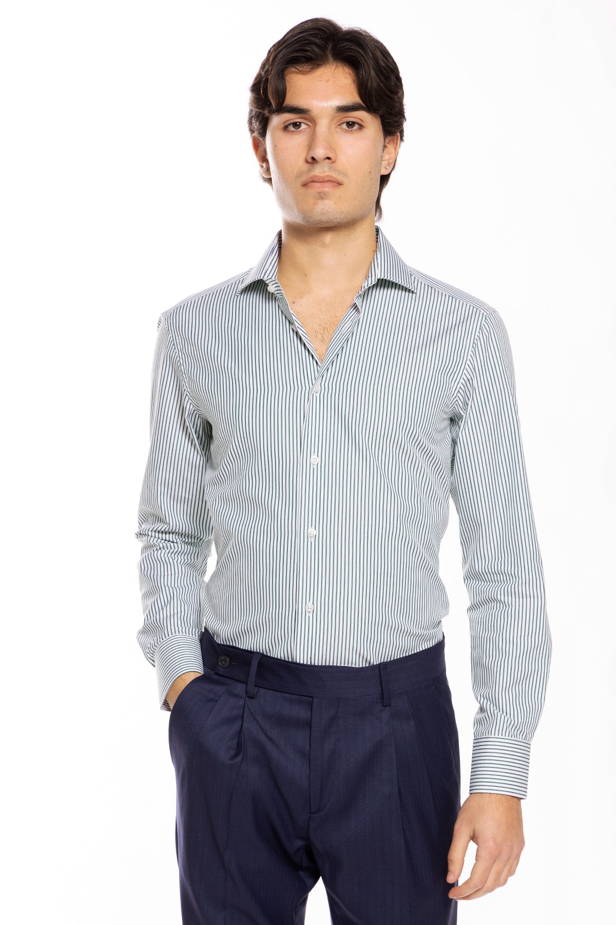 Camicia Uomo slim Fit riga verde stretta 100% cotone collo semi francese mileta Tessuti