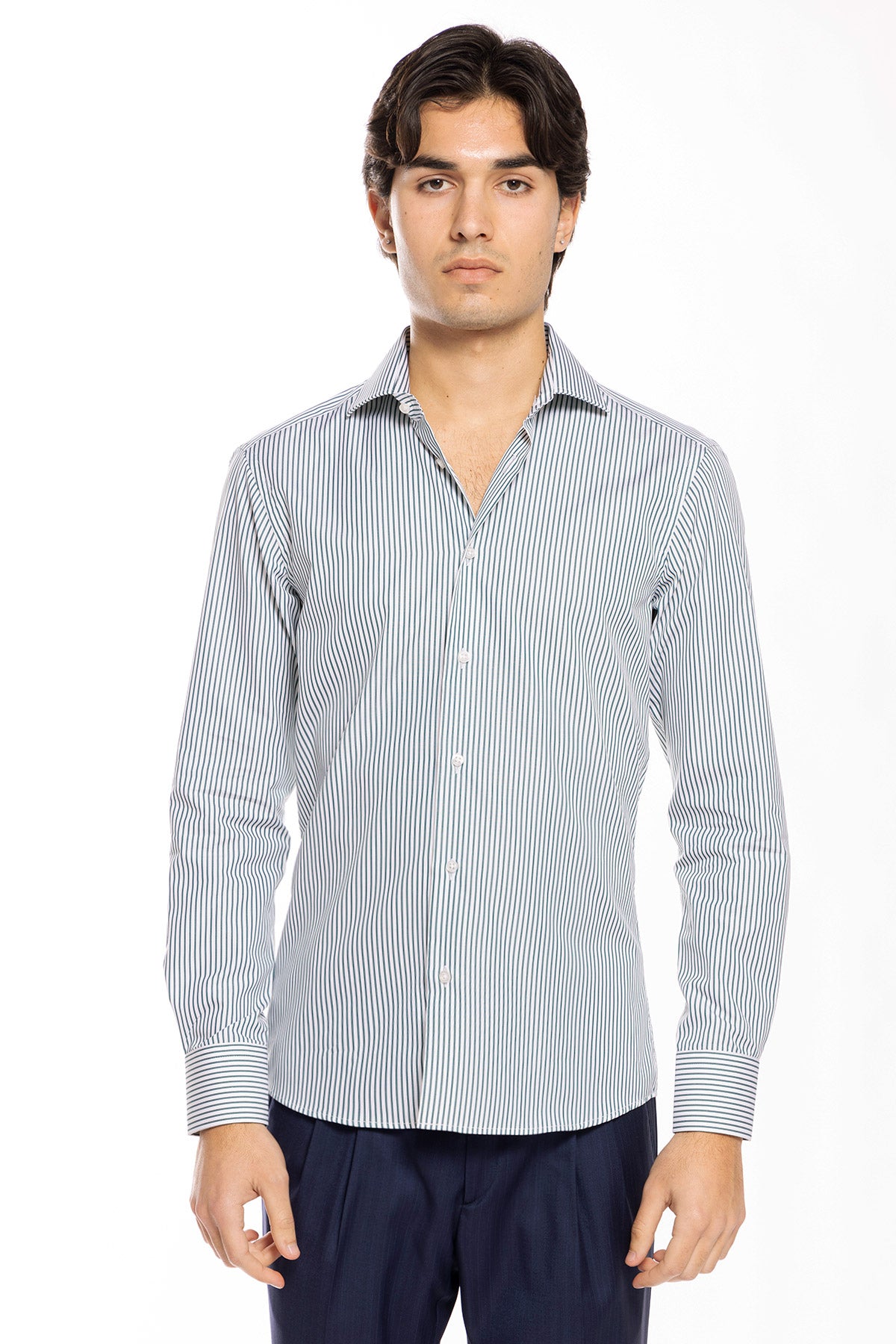 Camicia Uomo slim Fit riga verde stretta 100% cotone collo semi francese mileta Tessuti