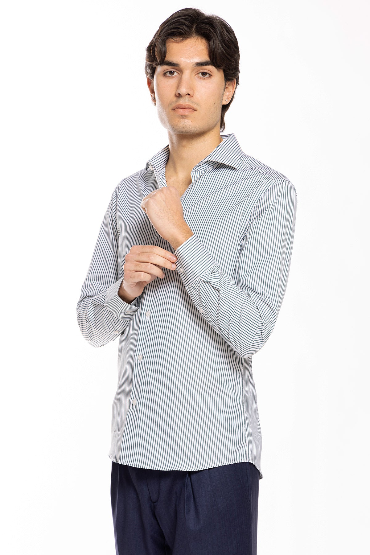 Camicia Uomo slim Fit riga verde stretta 100% cotone collo semi francese mileta Tessuti