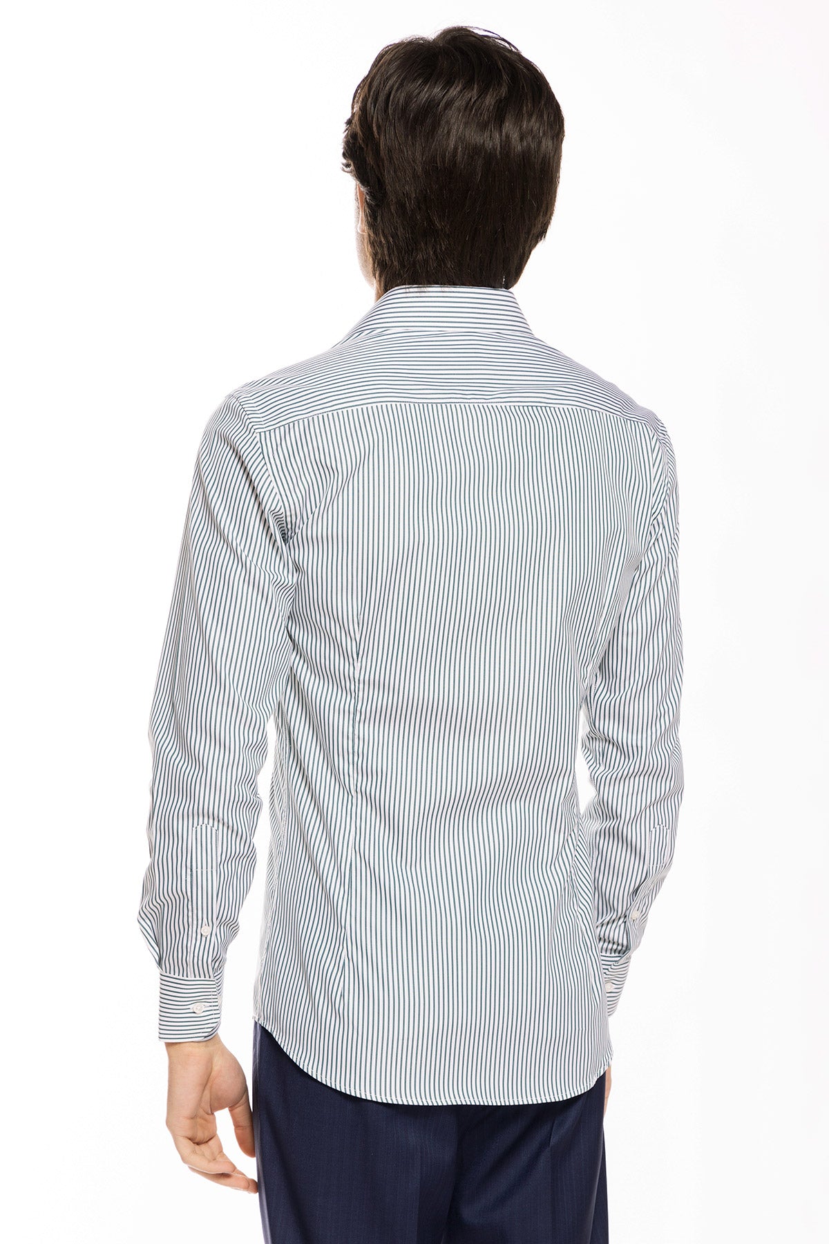 Camicia Uomo slim Fit riga verde stretta 100% cotone collo semi francese mileta Tessuti
