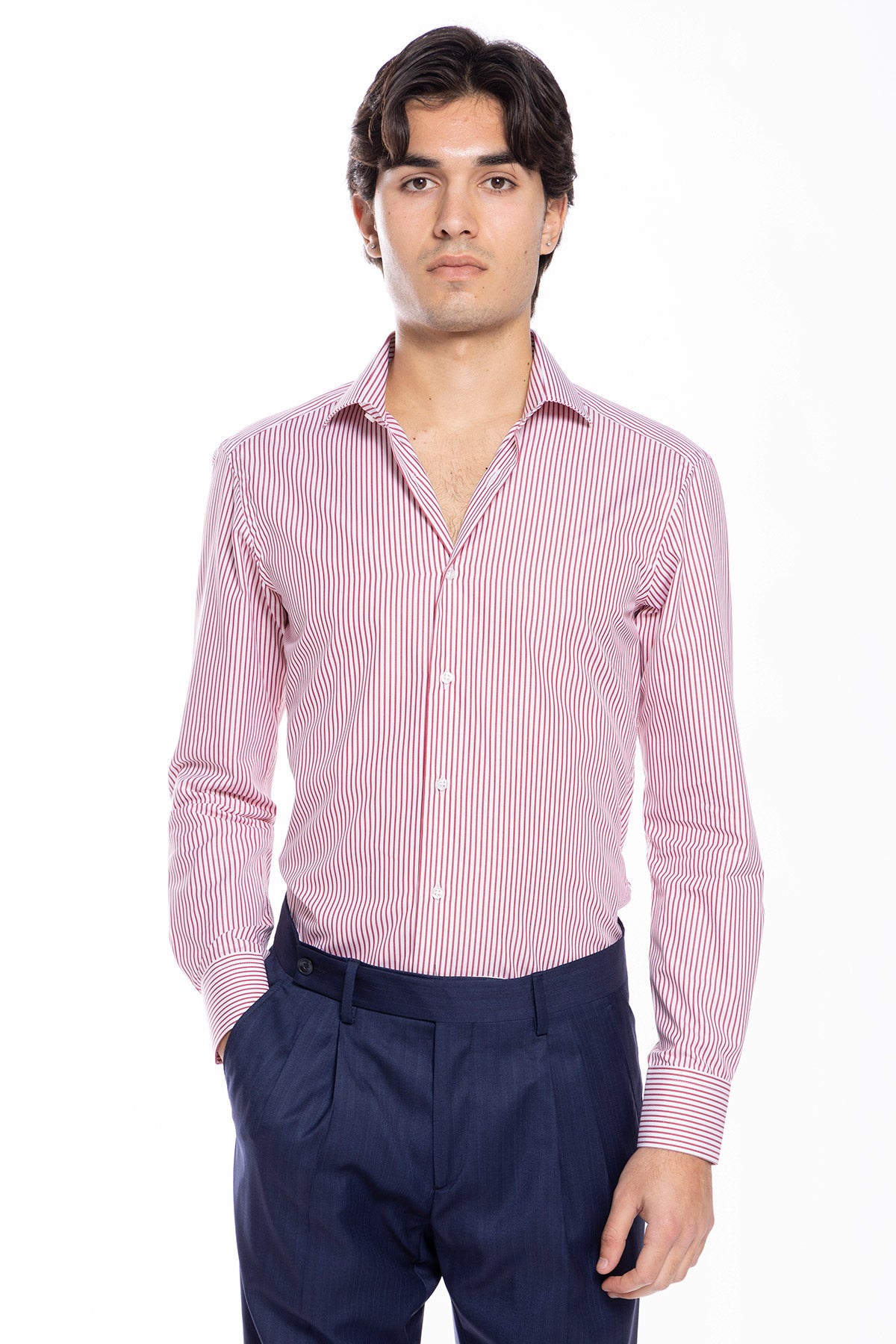 Camicia Uomo slim Fit riga rossa stretta 100% cotone collo semi francese mileta Tessuti