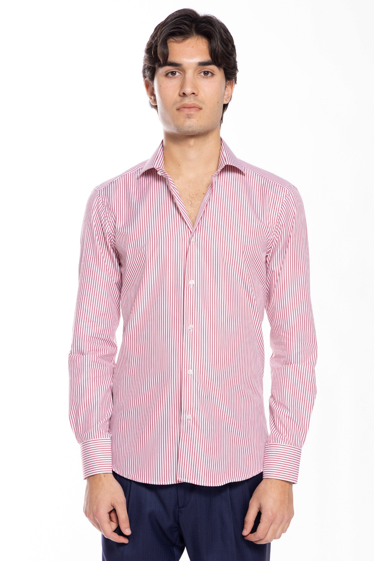 Camicia Uomo slim Fit riga rossa stretta 100% cotone collo semi francese mileta Tessuti
