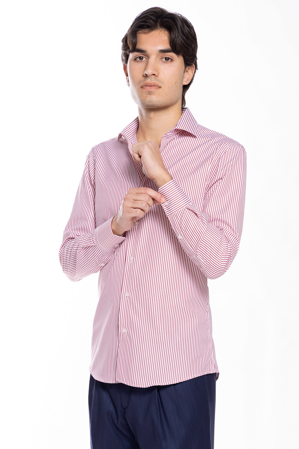 Camicia Uomo slim Fit riga rossa stretta 100% cotone collo semi francese mileta Tessuti