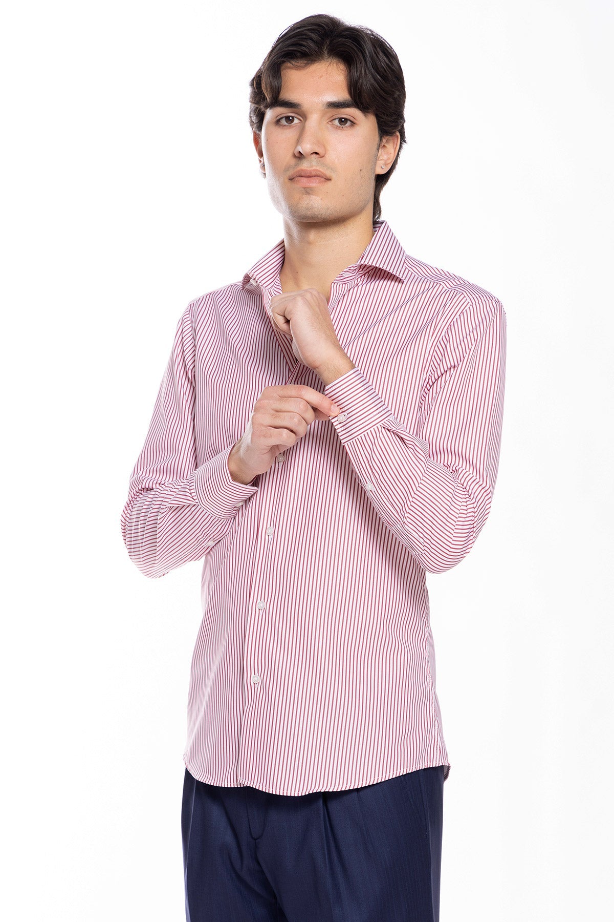 Camicia Uomo slim Fit riga rossa stretta 100% cotone collo semi francese mileta Tessuti