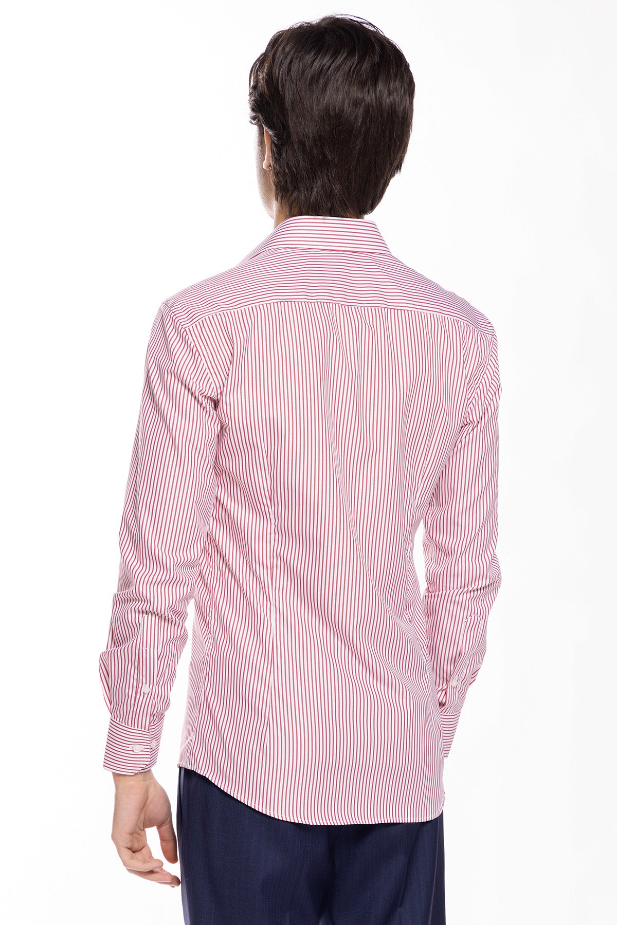 Camicia Uomo slim Fit riga rossa stretta 100% cotone collo semi francese mileta Tessuti