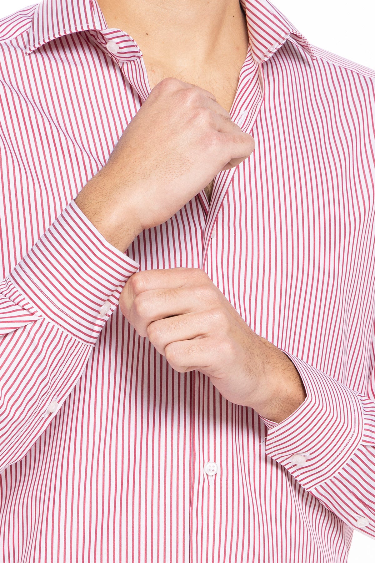 Camicia Uomo slim Fit riga rossa stretta 100% cotone collo semi francese mileta Tessuti