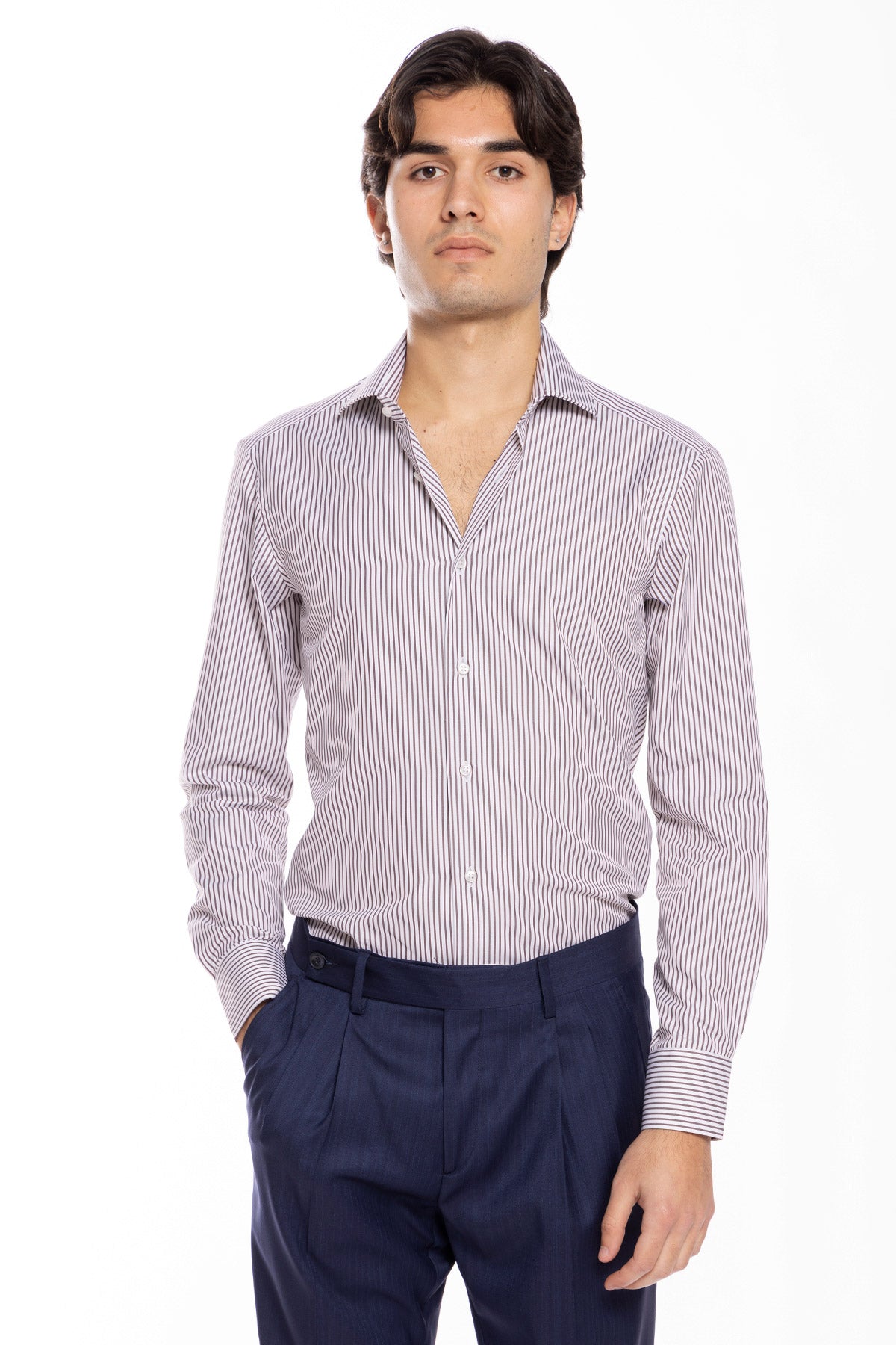 Camicia Uomo slim Fit riga marrone stretta 100% cotone collo semi francese mileta Tessuti