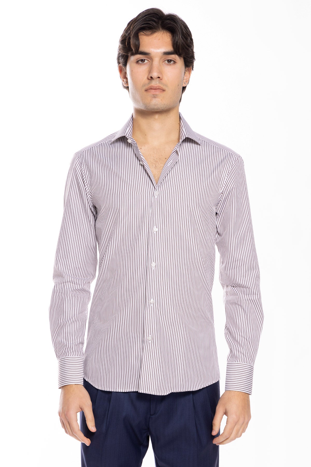 Camicia Uomo slim Fit riga marrone stretta 100% cotone collo semi francese mileta Tessuti