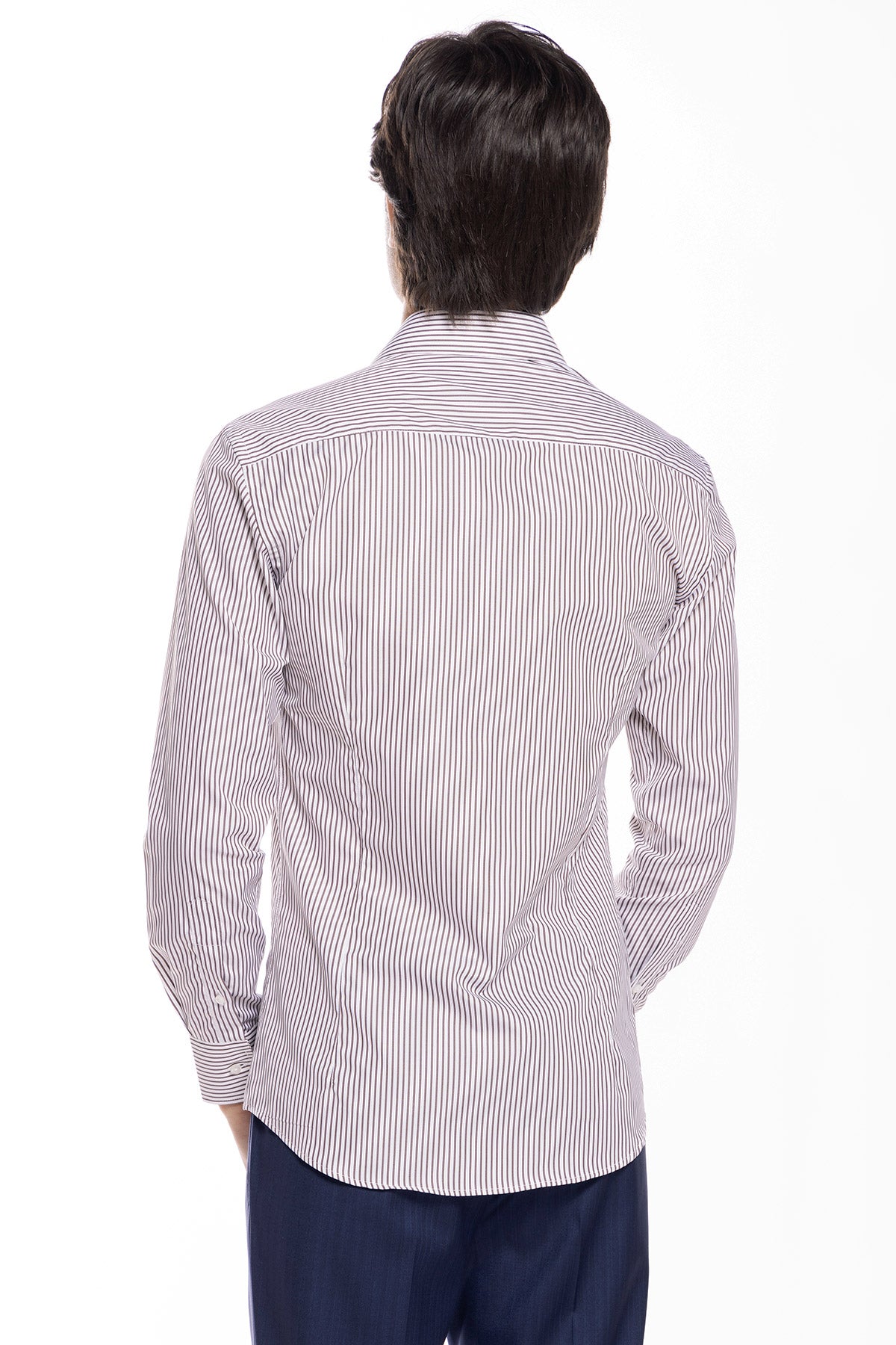 Camicia Uomo slim Fit riga marrone stretta 100% cotone collo semi francese mileta Tessuti