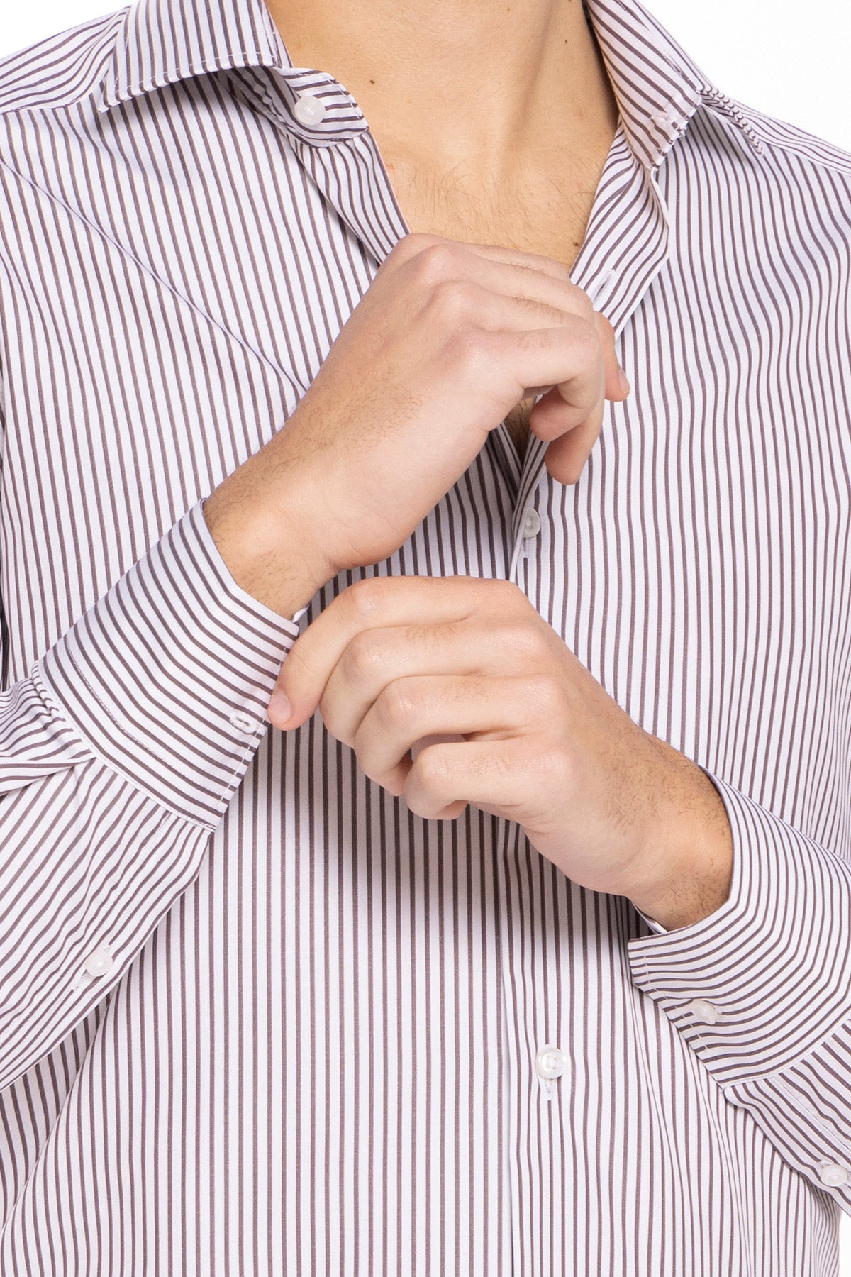Camicia Uomo slim Fit riga marrone stretta 100% cotone collo semi francese mileta Tessuti