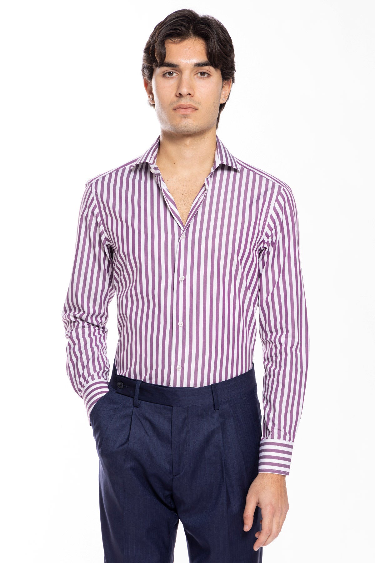 Camicia Uomo slim Fit riga viola larga 100% cotone collo semi francese mileta Tessuti