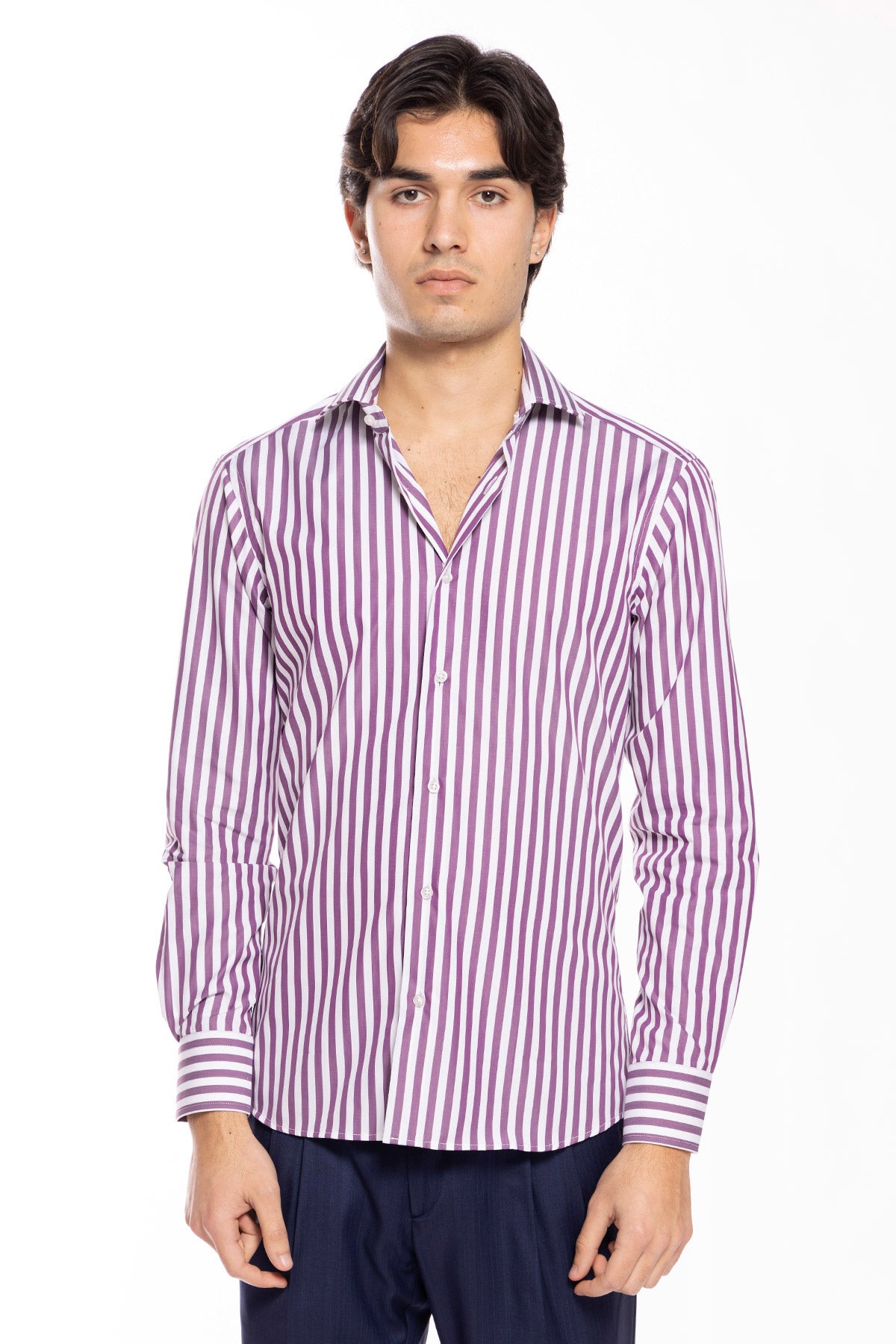 Camicia Uomo slim Fit riga viola larga 100% cotone collo semi francese mileta Tessuti