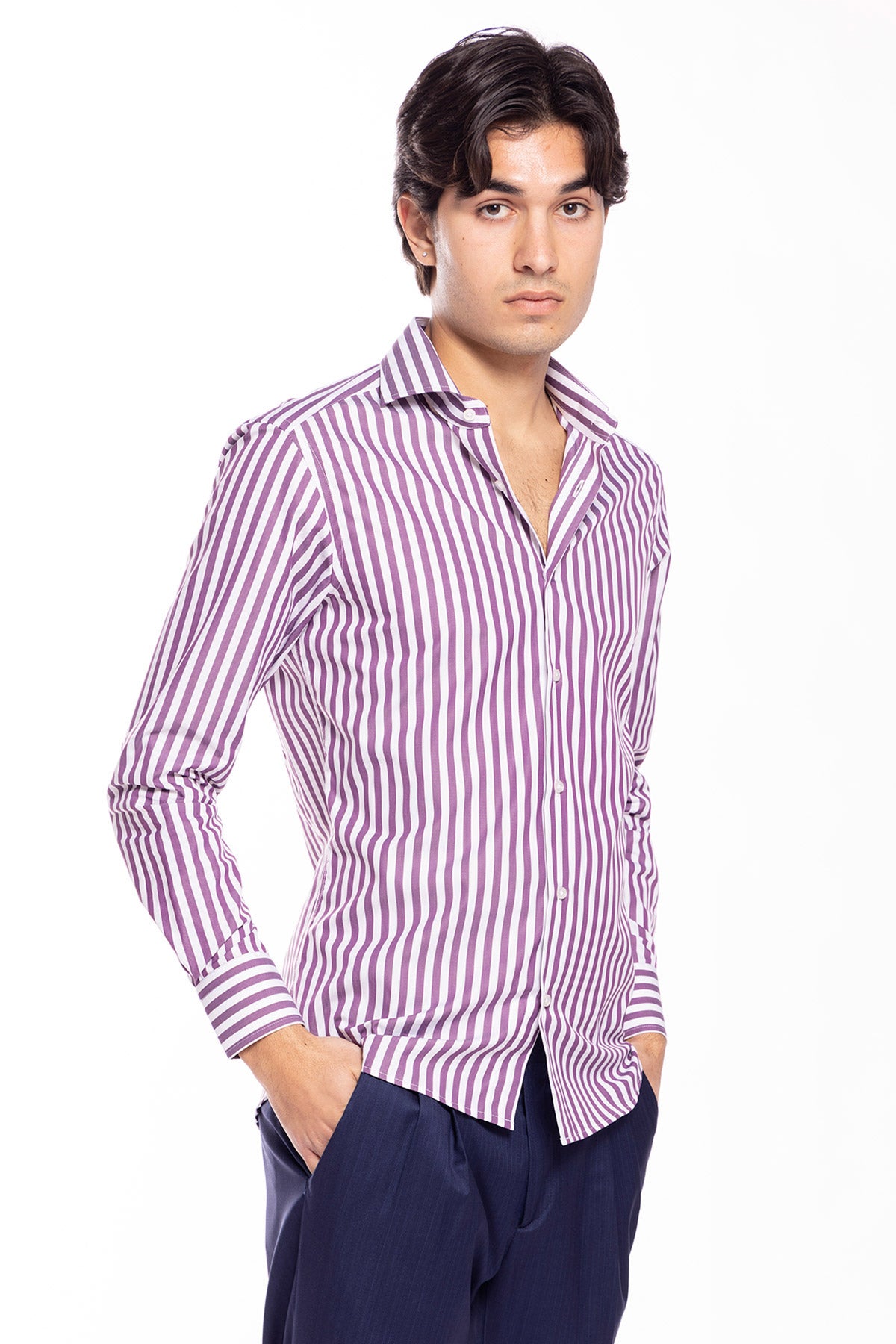 Camicia Uomo slim Fit riga viola larga 100% cotone collo semi francese mileta Tessuti