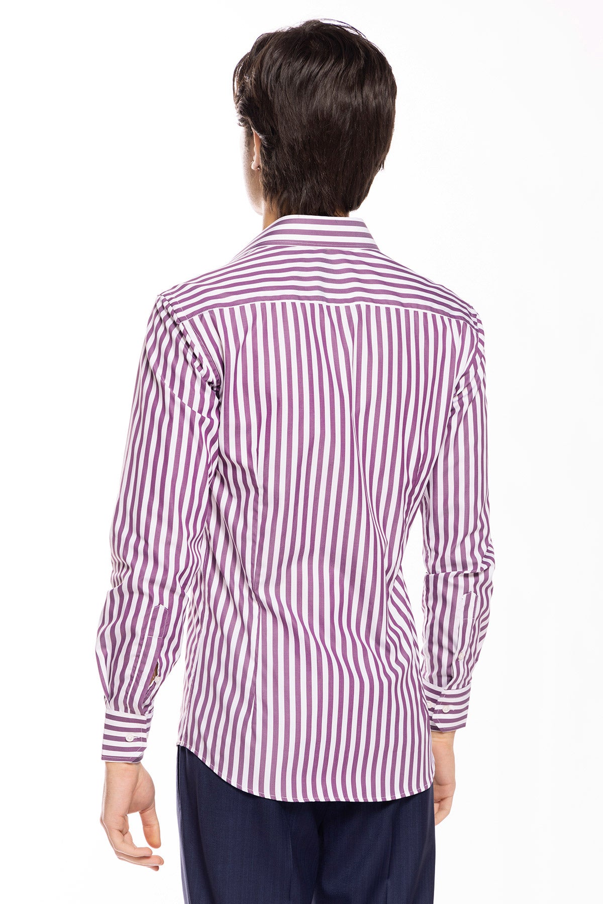 Camicia Uomo slim Fit riga viola larga 100% cotone collo semi francese mileta Tessuti
