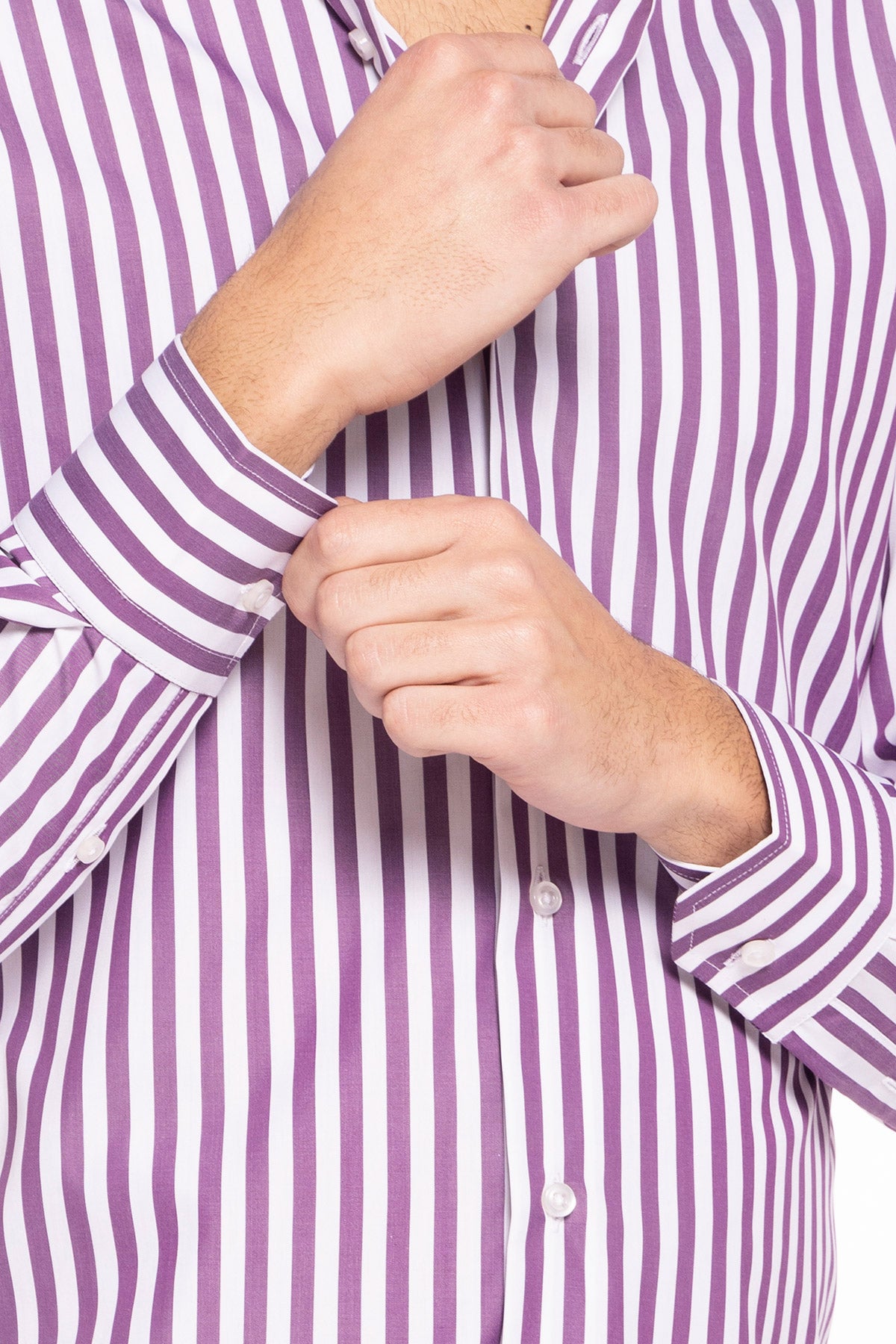Camicia Uomo slim Fit riga viola larga 100% cotone collo semi francese mileta Tessuti
