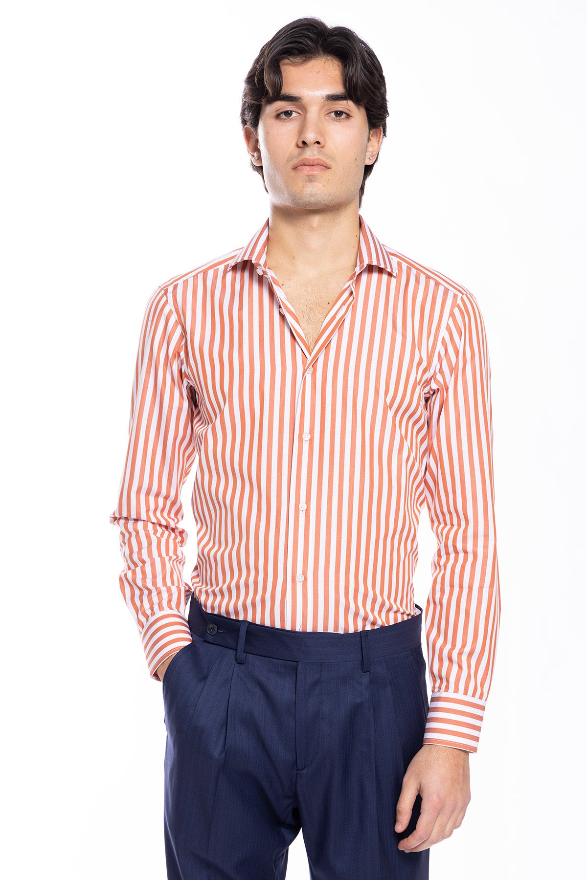 Camicia Uomo slim Fit riga arancio larga 100% cotone collo semi francese mileta Tessuti