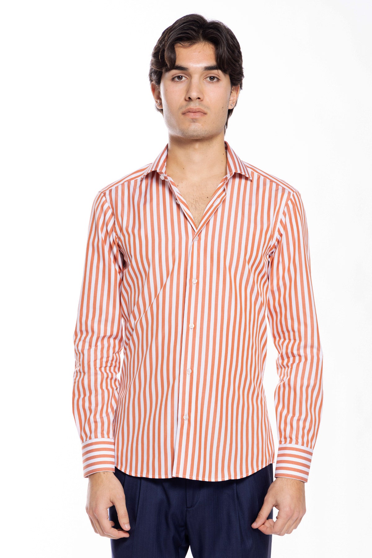 Camicia Uomo slim Fit riga arancio larga 100% cotone collo semi francese mileta Tessuti
