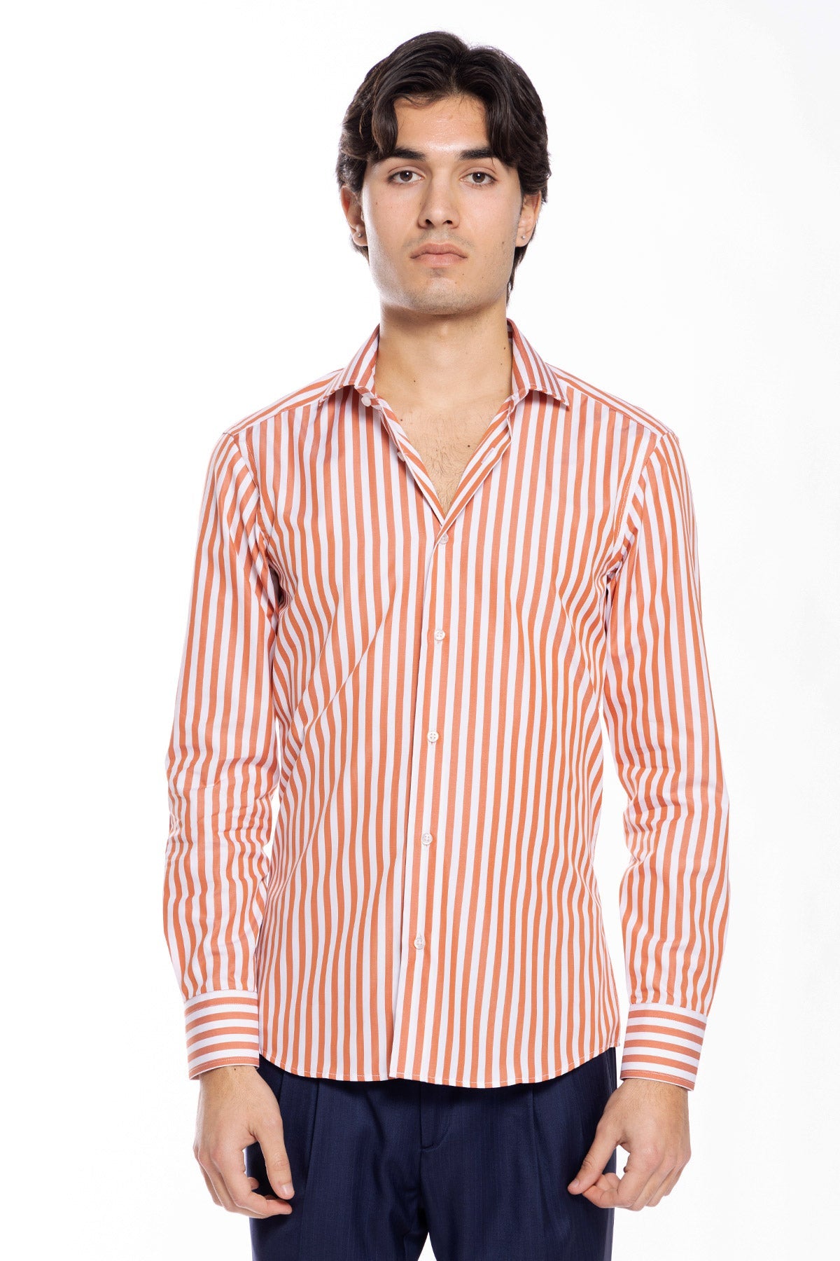 Camicia Uomo slim Fit riga arancio larga 100% cotone collo semi francese mileta Tessuti