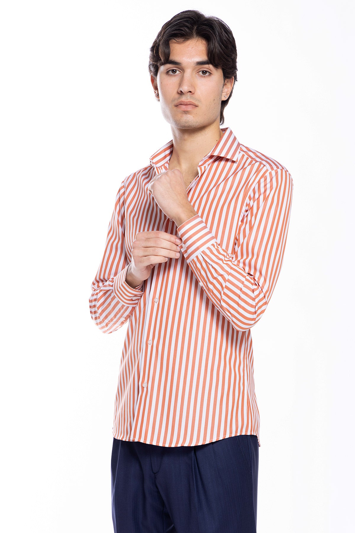 Camicia Uomo slim Fit riga arancio larga 100% cotone collo semi francese mileta Tessuti
