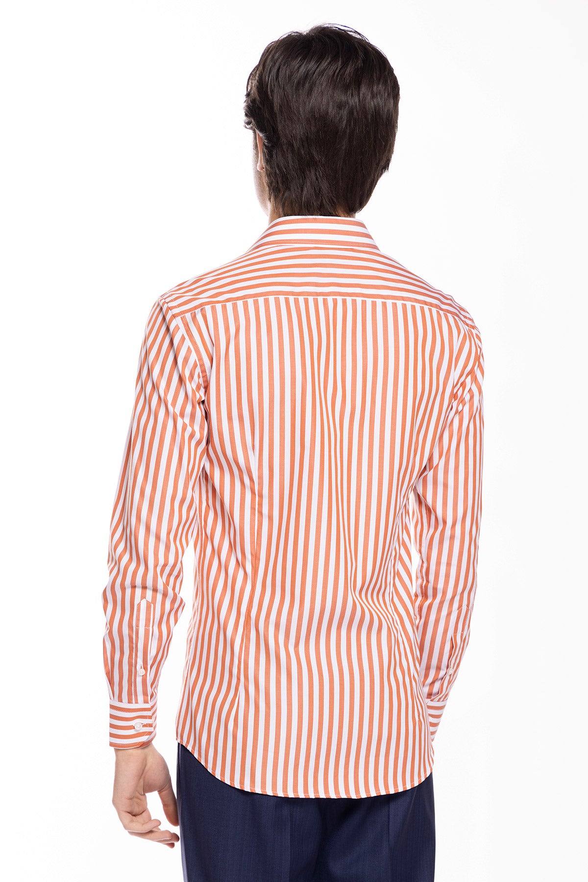 Camicia Uomo slim Fit riga arancio larga 100% cotone collo semi francese mileta Tessuti