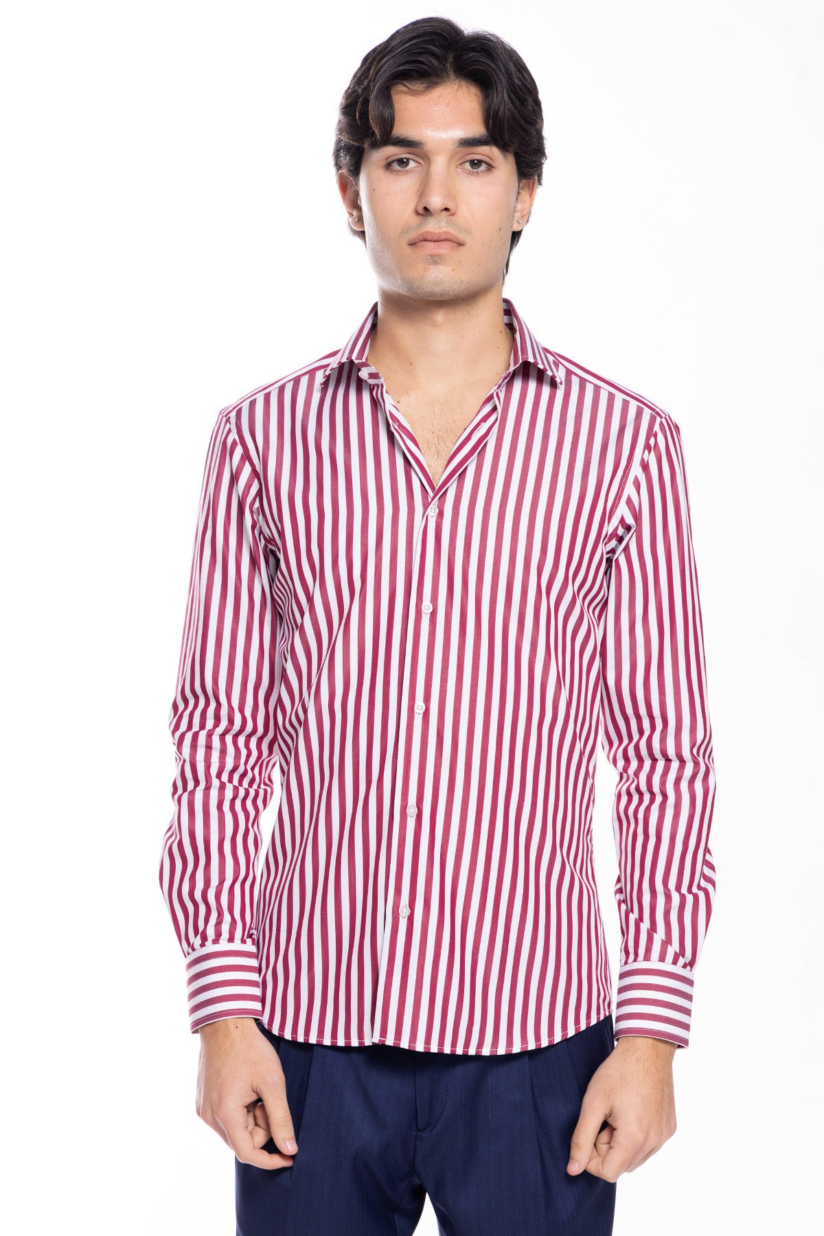 Camicia Uomo slim Fit riga bordeaux larga 100% cotone collo semi francese mileta Tessuti