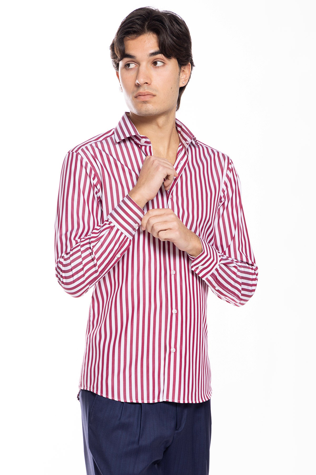Camicia Uomo slim Fit riga bordeaux larga 100% cotone collo semi francese mileta Tessuti
