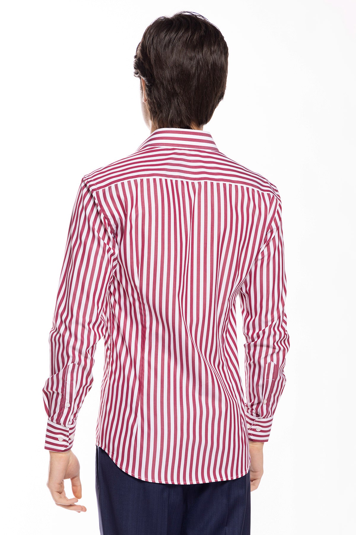 Camicia Uomo slim Fit riga bordeaux larga 100% cotone collo semi francese mileta Tessuti