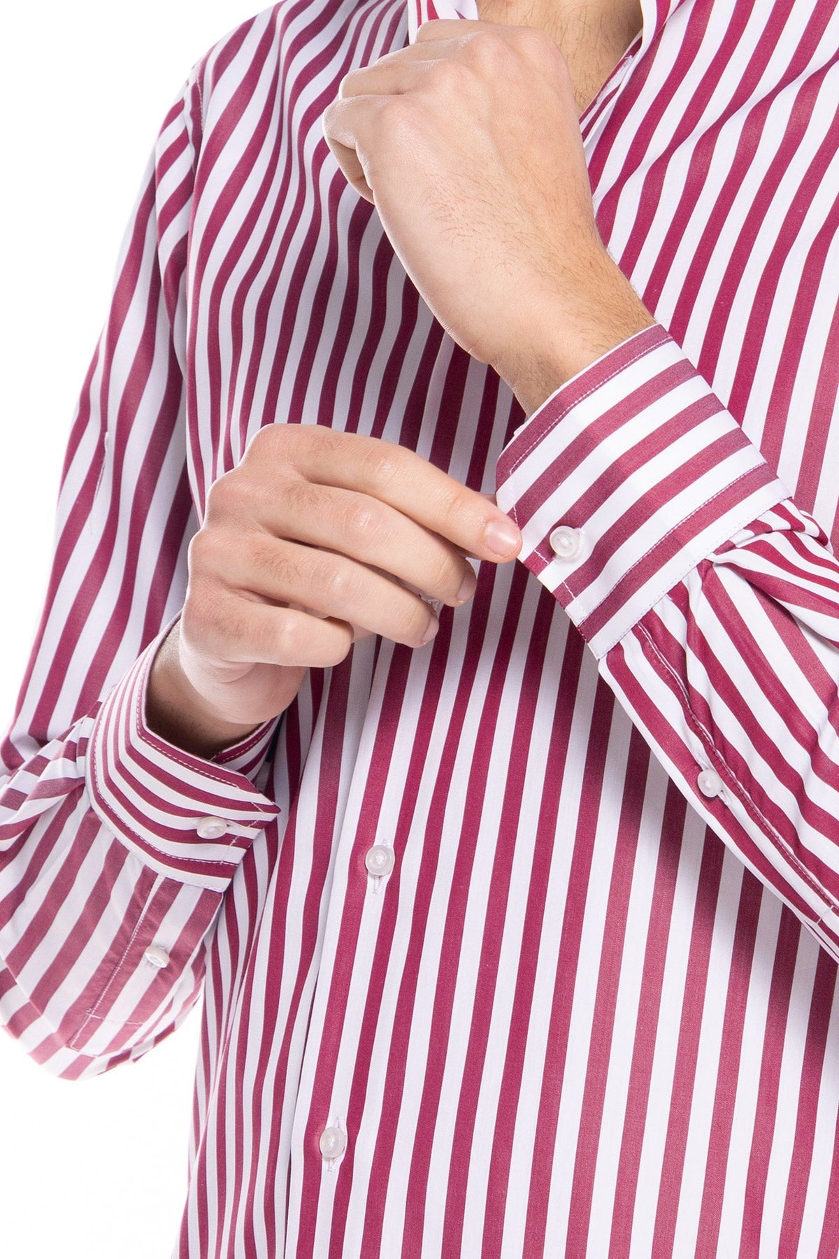 Camicia Uomo slim Fit riga bordeaux larga 100% cotone collo semi francese mileta Tessuti