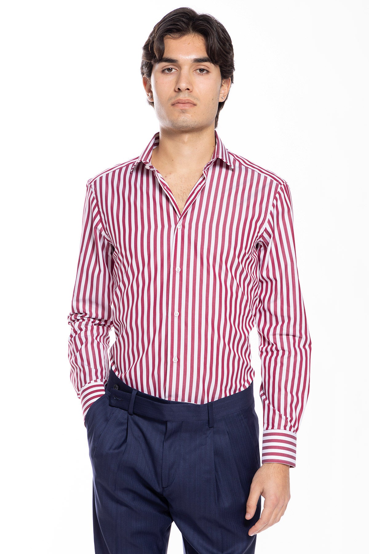 Camicia Uomo slim Fit riga bordeaux larga 100% cotone collo semi francese mileta Tessuti
