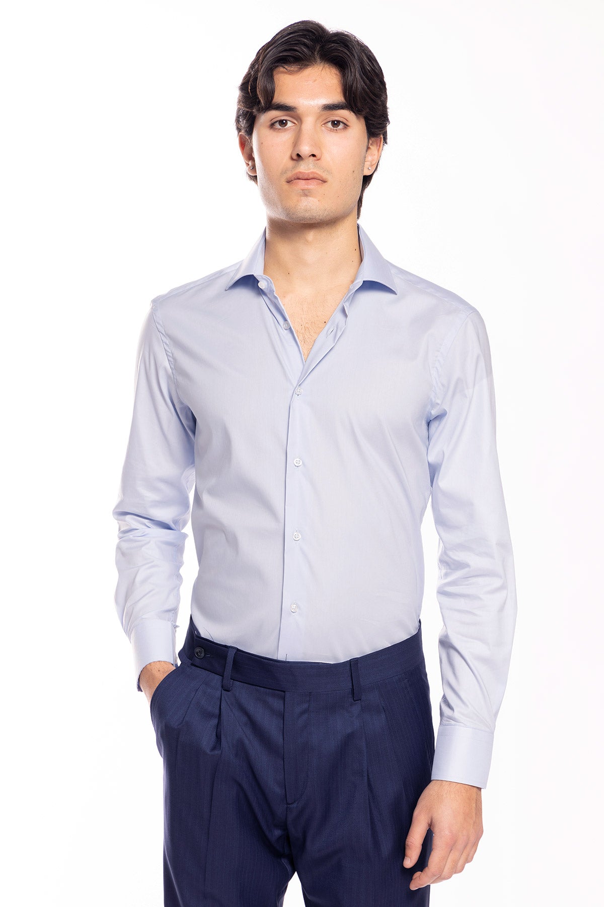 Camicia Uomo slim fit celeste cotone Elastico Collo semi francese tinta unita sartoriale