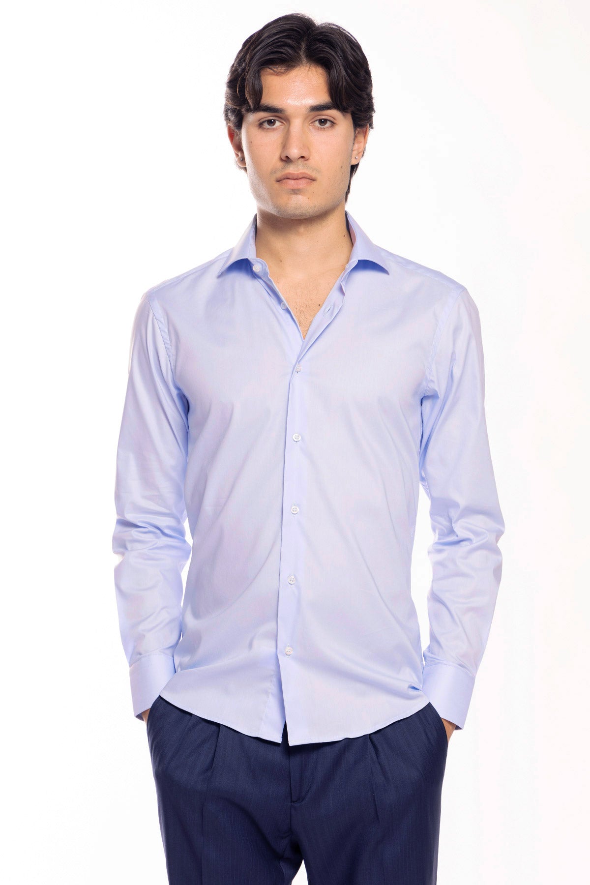 Camicia Uomo slim fit celeste cotone Elastico Collo semi francese tinta unita sartoriale