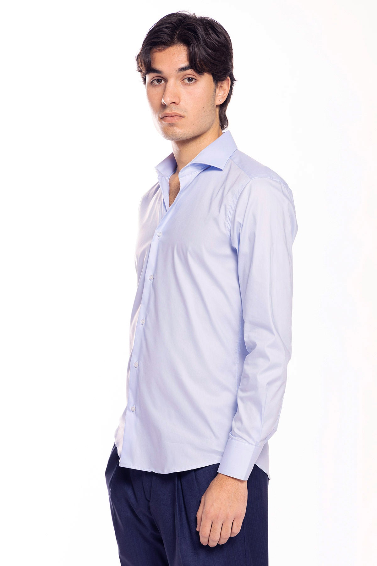 Camicia Uomo slim fit celeste cotone Elastico Collo semi francese tinta unita sartoriale