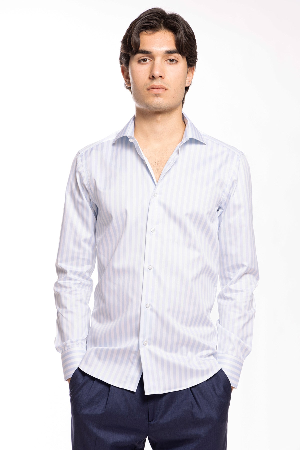 Camicia Uomo slim Fit riga celeste larga 100% cotone collo semi francese mileta Tessuti