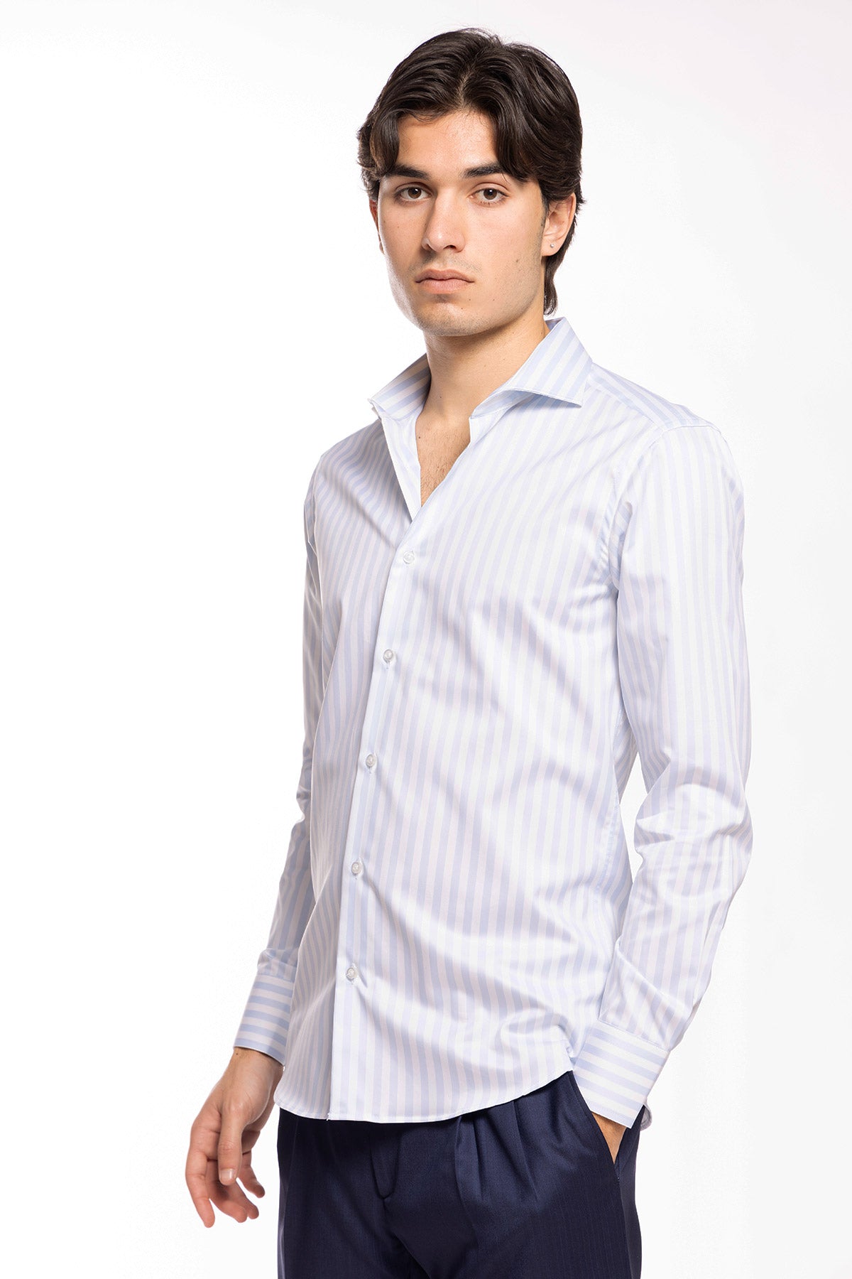 Camicia Uomo slim Fit riga celeste larga 100% cotone collo semi francese mileta Tessuti