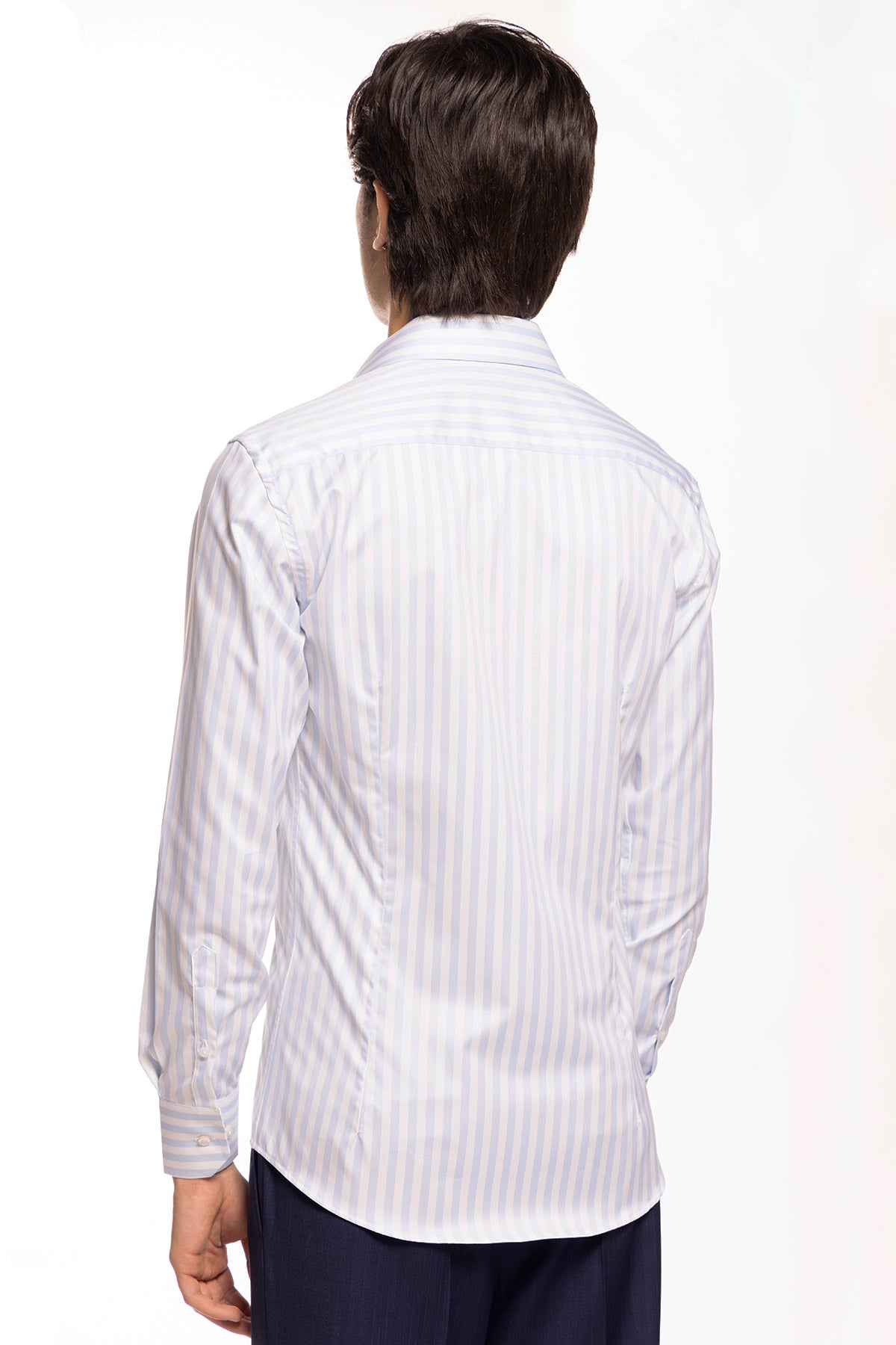 Camicia Uomo slim Fit riga celeste larga 100% cotone collo semi francese mileta Tessuti