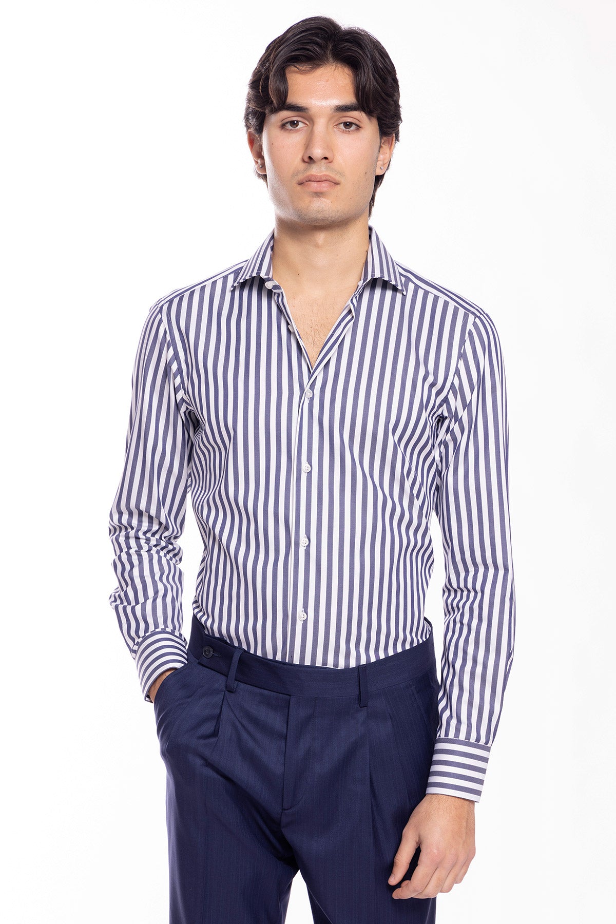 Camicia Uomo slim Fit riga blu denim larga 100% cotone collo semi francese mileta Tessuti
