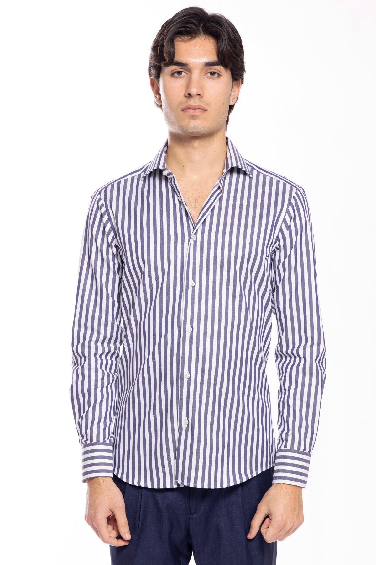 Camicia Uomo slim Fit riga blu denim larga 100% cotone collo semi francese mileta Tessuti