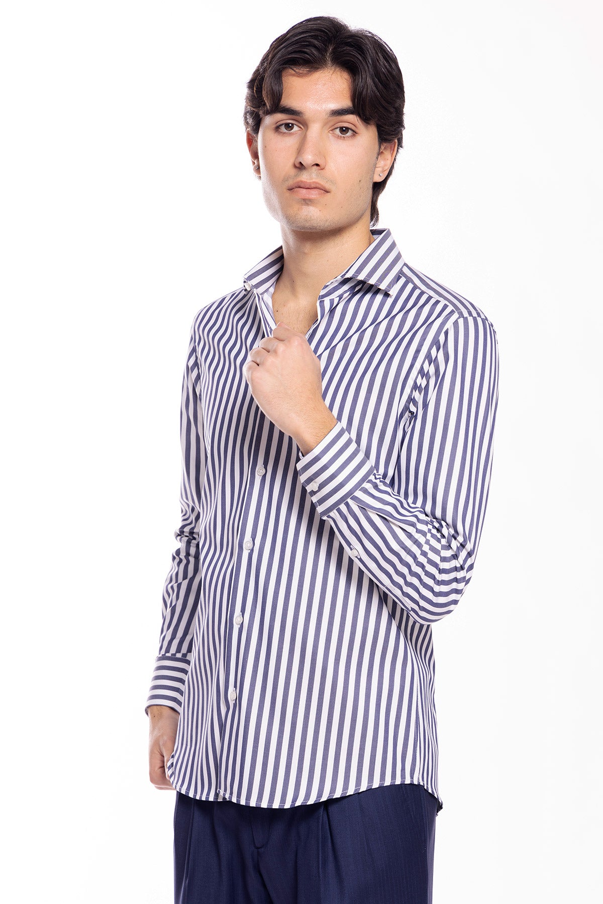 Camicia Uomo slim Fit riga blu denim larga 100% cotone collo semi francese mileta Tessuti