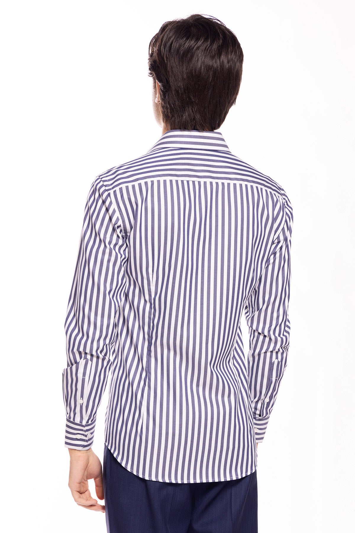 Camicia Uomo slim Fit riga blu denim larga 100% cotone collo semi francese mileta Tessuti