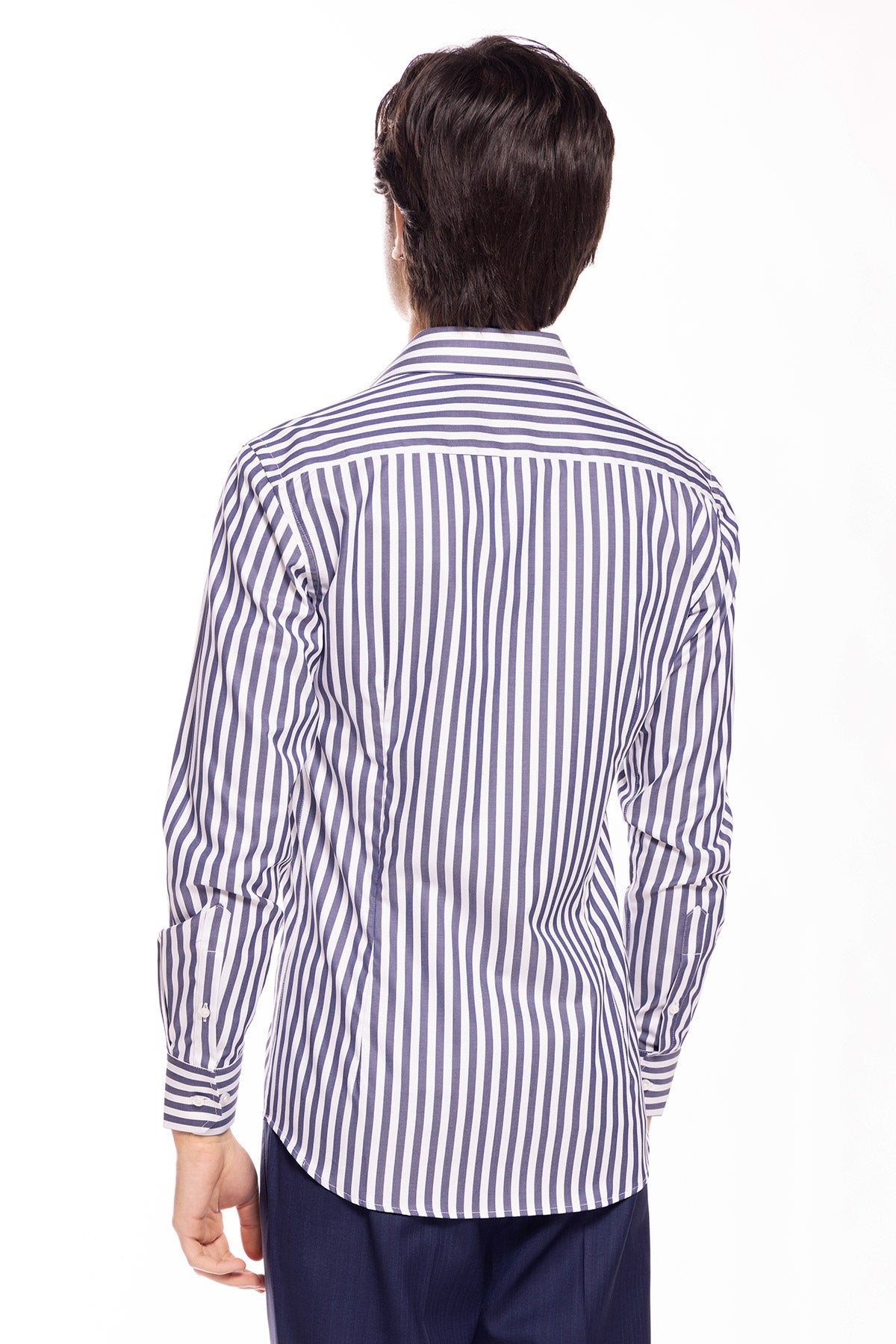Camicia Uomo slim Fit riga blu denim larga 100% cotone collo semi francese mileta Tessuti