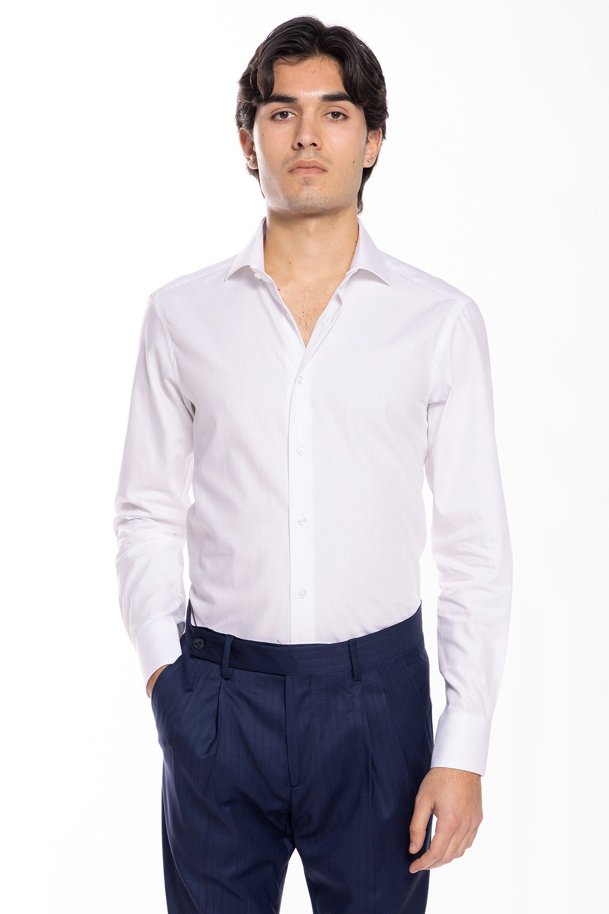 Camicia Uomo bianca slim Fit 100% cotone rigato tono su tono collo semi francese Monti Tessuti
