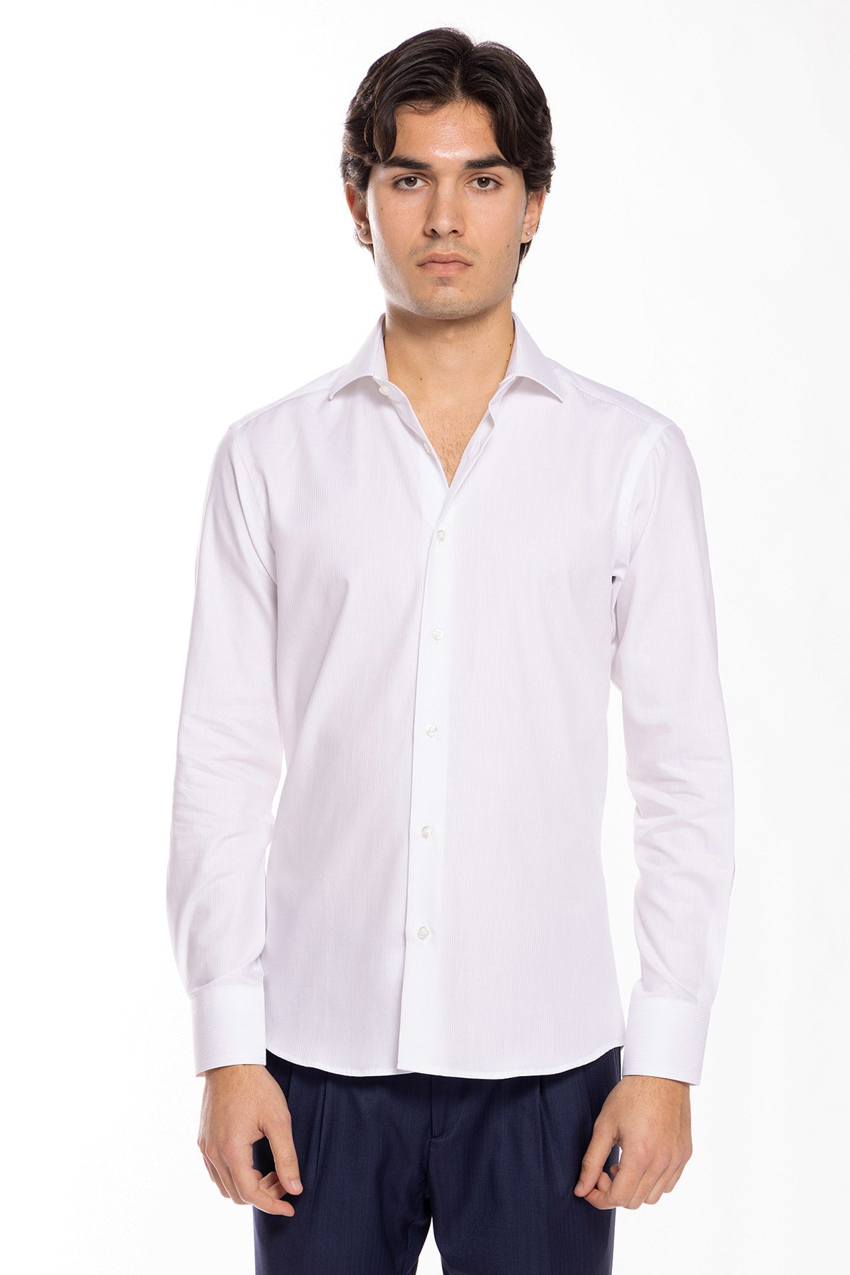 Camicia Uomo bianca slim Fit 100% cotone rigato tono su tono collo semi francese Monti Tessuti