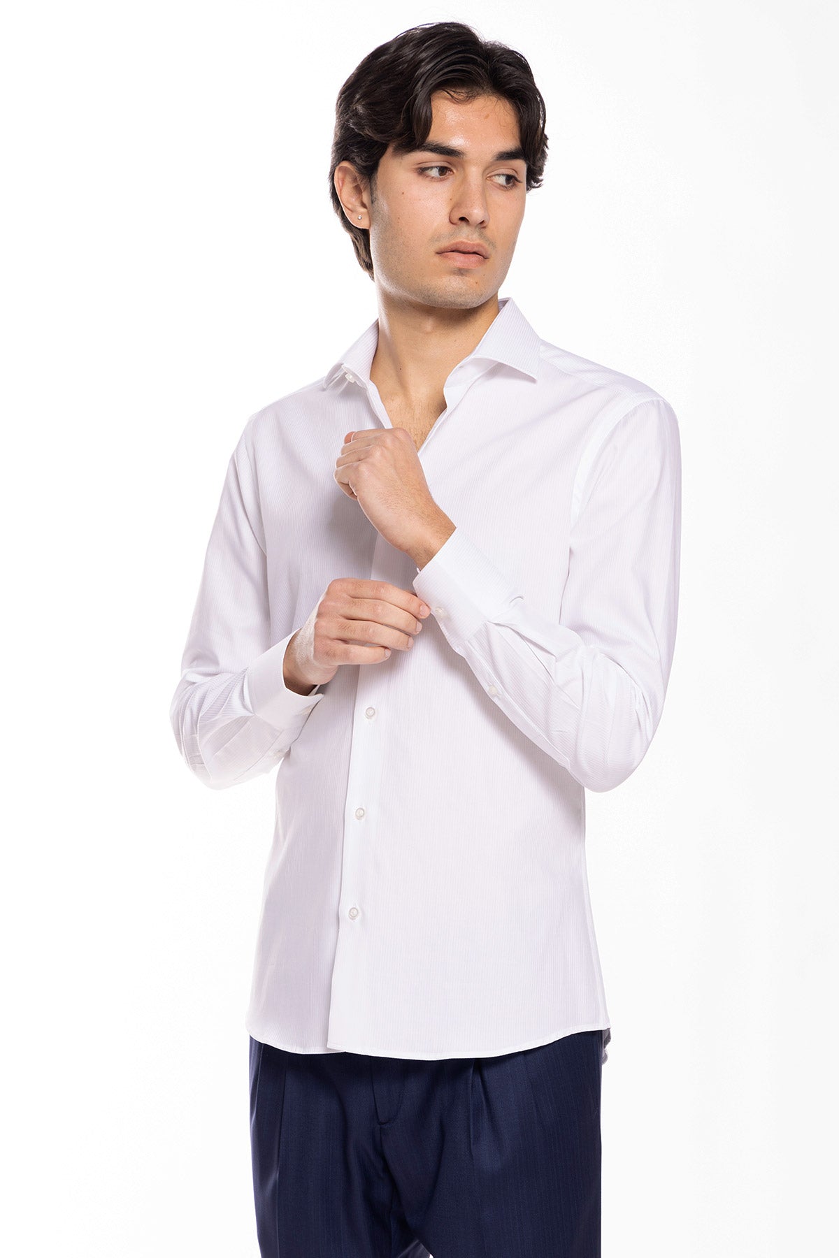 Camicia Uomo bianca slim Fit 100% cotone rigato tono su tono collo semi francese Monti Tessuti