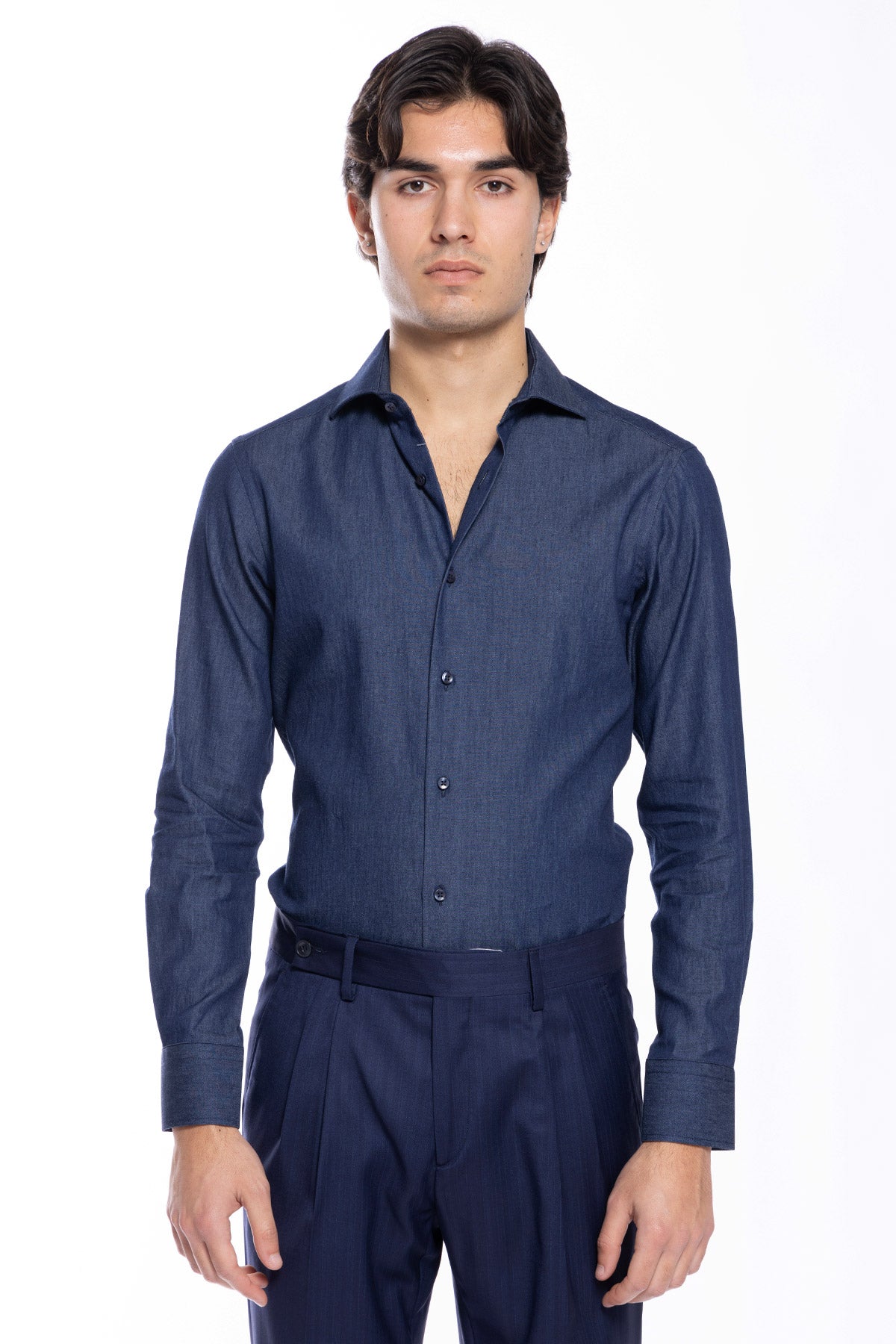 Camicia Uomo slim fit in cotone 100% effetto denim lavato Collo semi francese