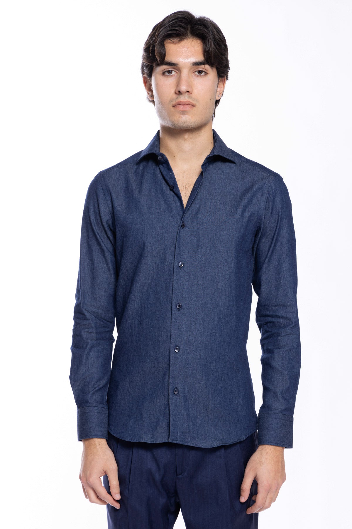 Camicia Uomo slim fit in cotone 100% effetto denim lavato Collo semi francese
