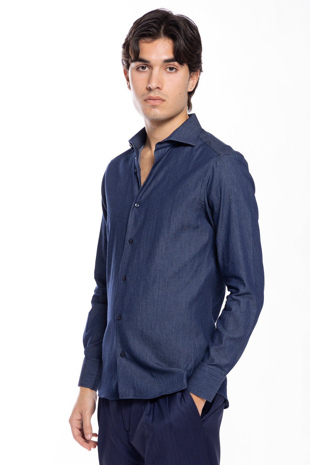 Camicia Uomo slim fit in cotone 100% effetto denim lavato Collo semi francese