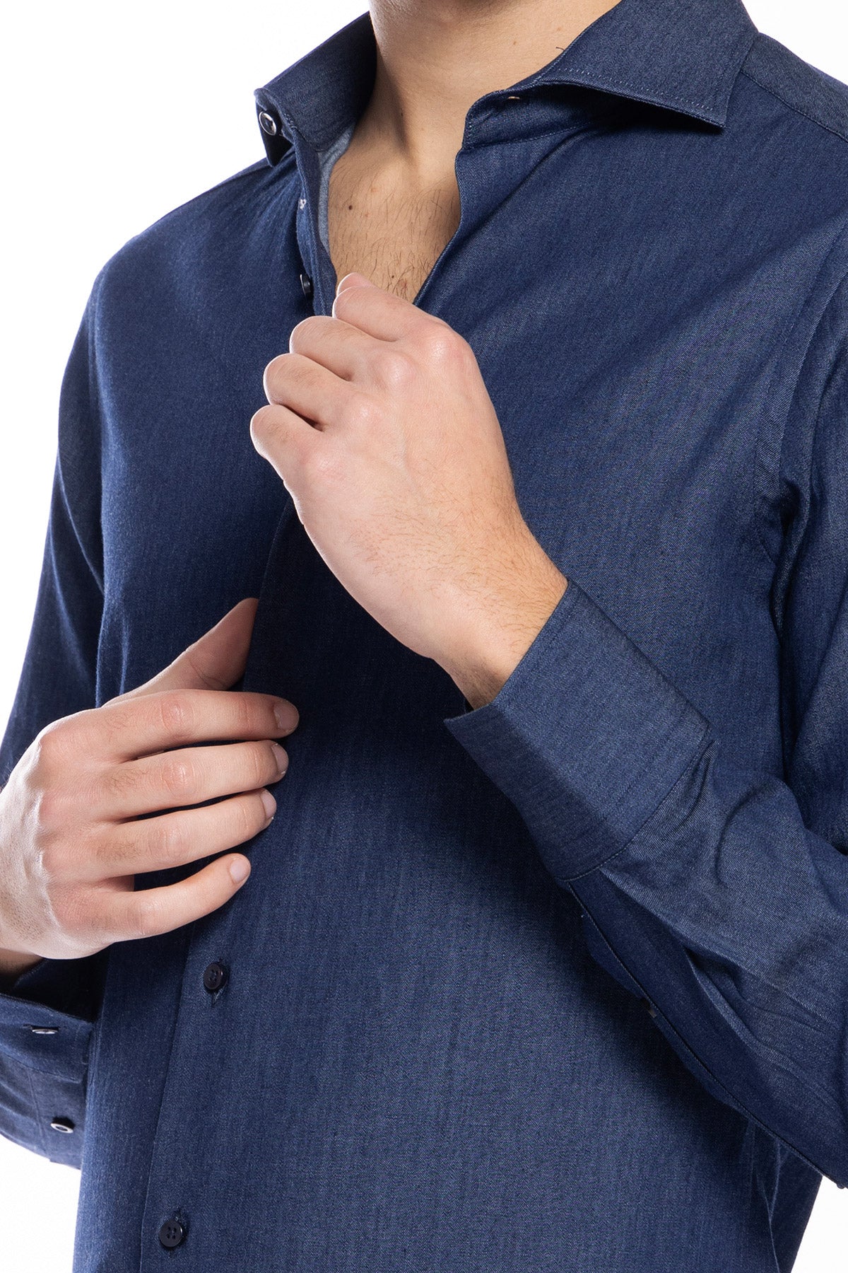 Camicia Uomo slim fit in cotone 100% effetto denim lavato Collo semi francese