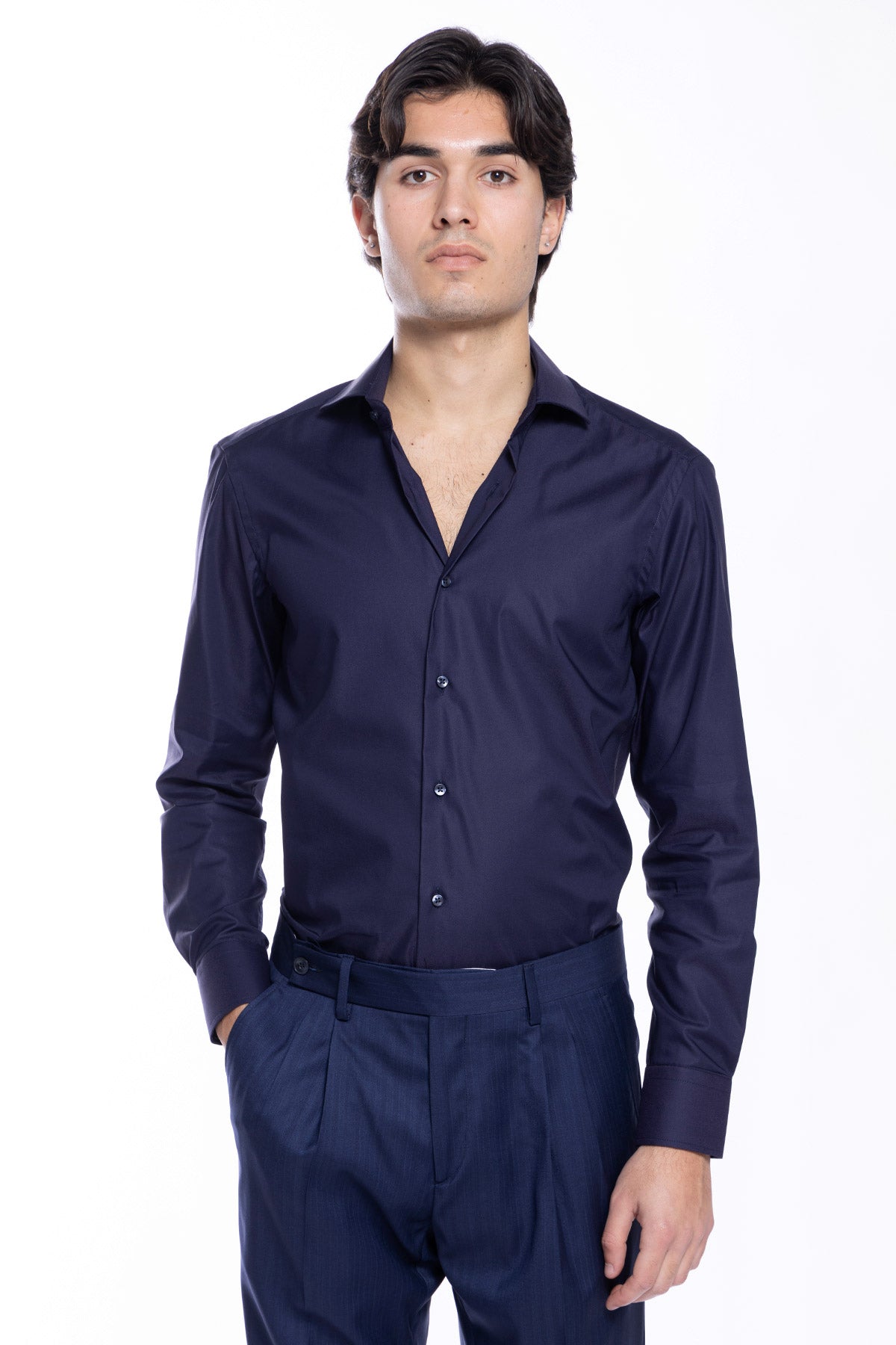 Camicia Uomo slim fit blu cotone Elastico Collo semi francese tinta unita sartoriale